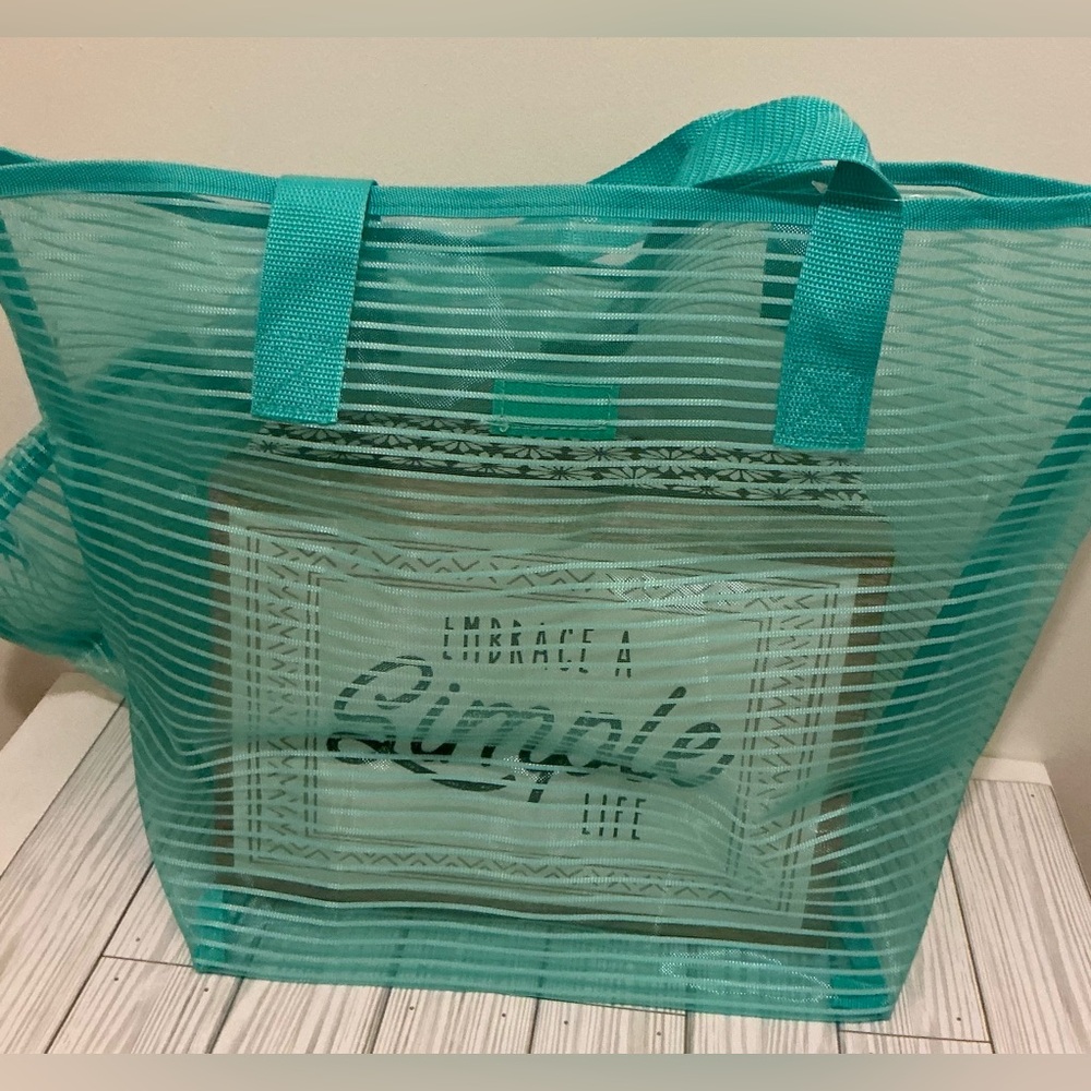 Teal Striped Tote Bag with Pouch & Flip Flops Bundle - Picture 2 of 6